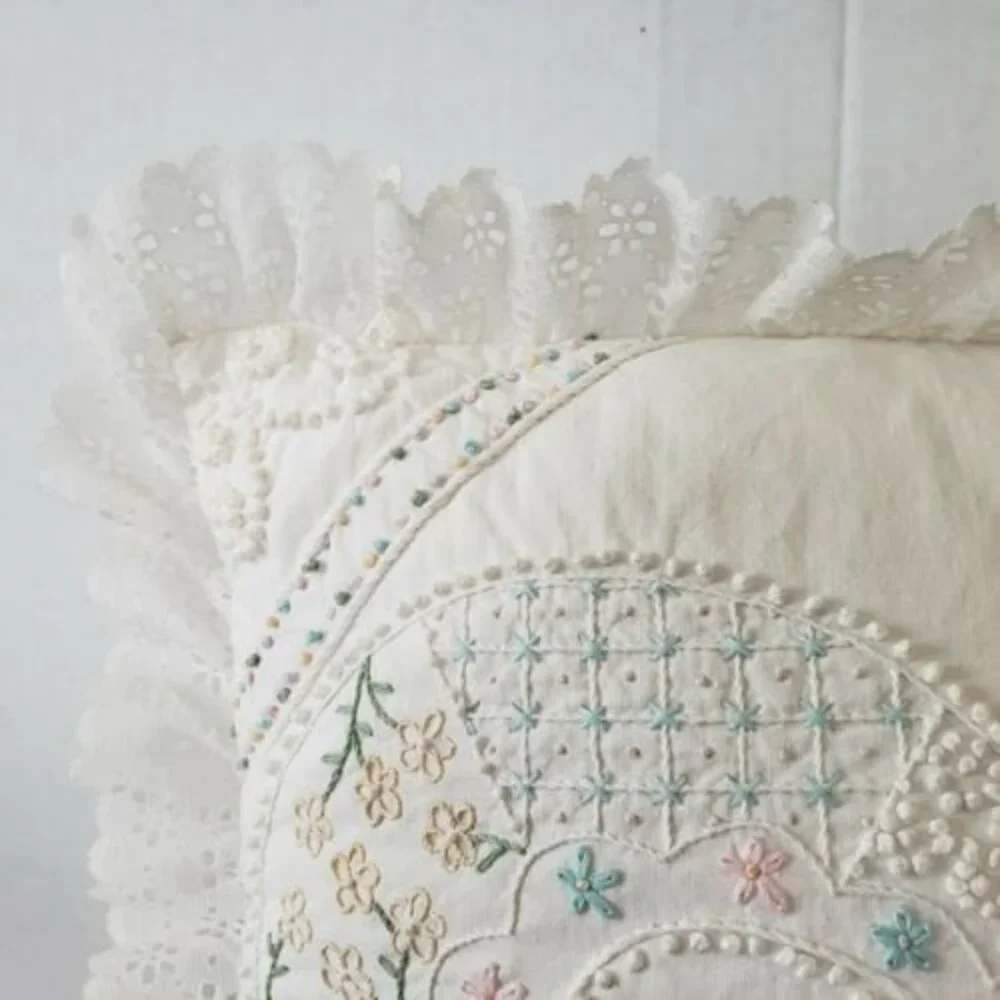 Something Special Heart Embroidered Pillow Eyelet Lace 14 x 14